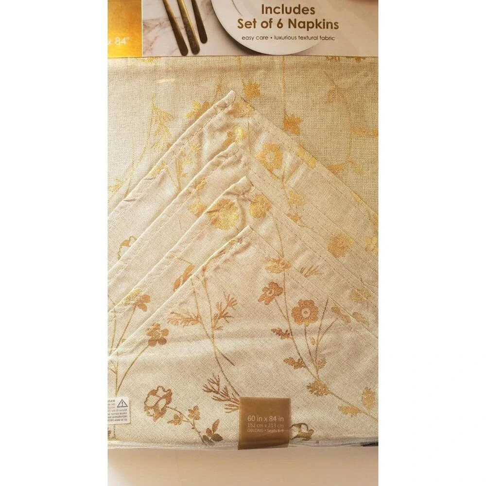 Colordrift Deluxe Gold Metallic Leaf Floral Tablecloth & 6 Napkins Set NWT